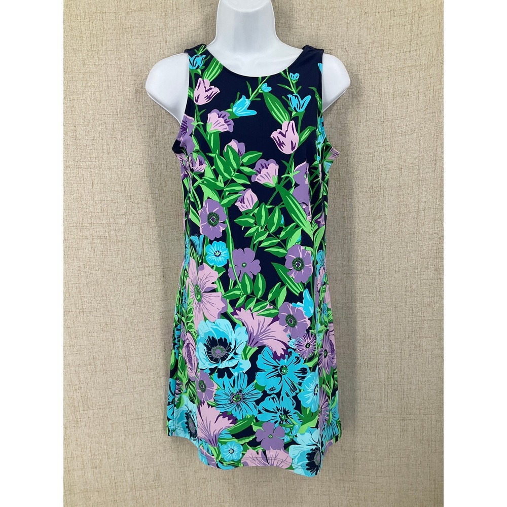Talbots Shift Dress Womens XS Navy Blue Floral Sleeveless Keyhole Back Boho
